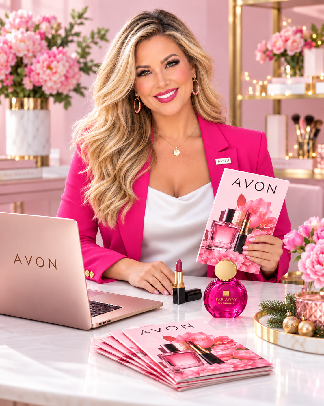 Illustrative Avon representative in a pink blazer with an Avon laptop, beauty brochure, lipstick and Far Away Splendoria perfume