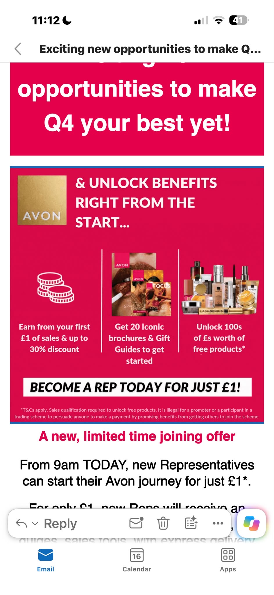 Avon offer: become a rep for just £1, with 20 brochures and gift guides. Earn from your first £1 of sales, with up to 30% discount and free product rewards subject to qualifying sales and terms.