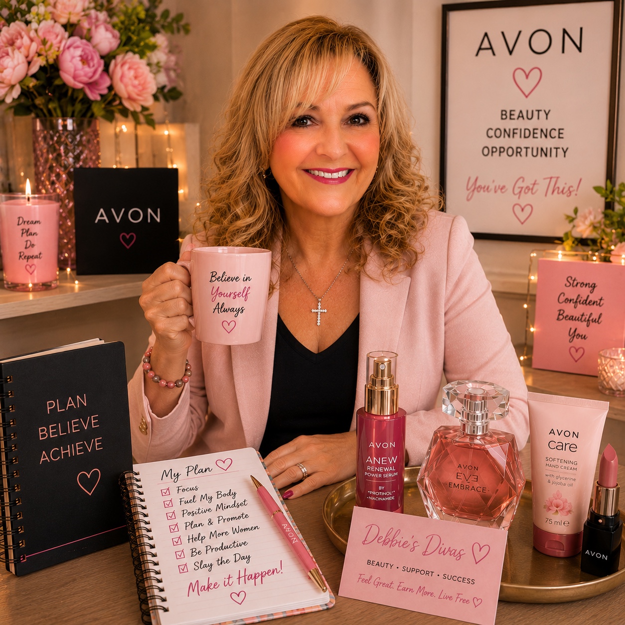 Debbie with her Avon beauty products in a pink beauty setting