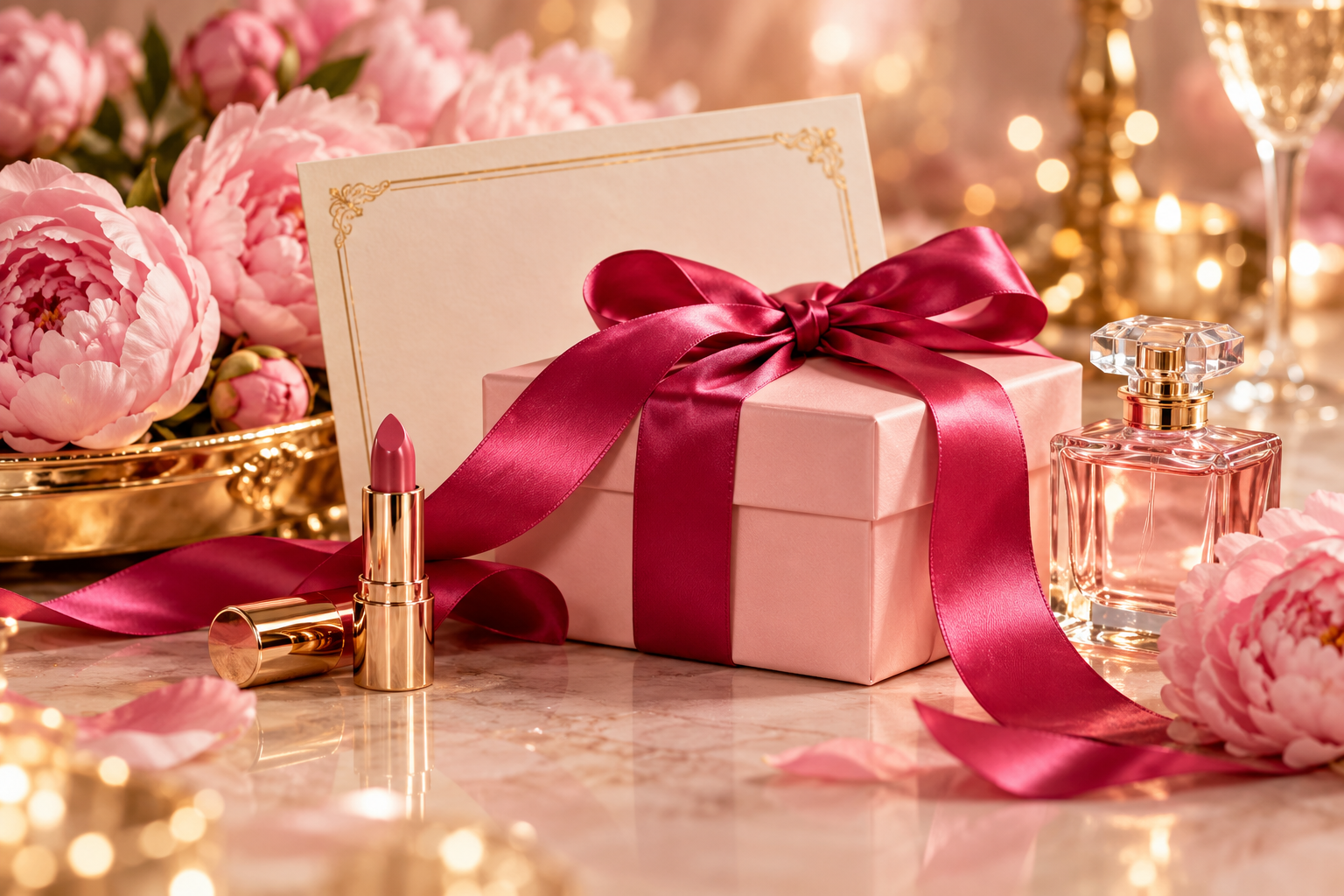 Beauty-inspired celebration scene with a ribbon-wrapped gift, flowers and a certificate